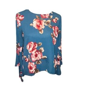 Wishful Park Teal Floral Tie-Sleeve Blouse Sz M